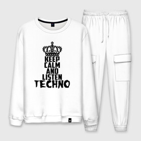 Мужской костюм хлопок с принтом Keep calm and listen Techno в городе Новоалтайск, 100% хлопок | на свитшоте круглая горловина, мягкая резинка по низу. Брюки заужены к низу, на них два вида карманов: два “обычных” по бокам и два объемных, с клапанами, расположенные ниже линии бедра. Брюки с мягкой трикотажной резинкой на поясе и по низу штанин. В поясе для дополнительного комфорта — широкие завязки | ebm | edm | hi nrg | techno | габбер | даб | детройт | дип | индастриал | италиан | минимал | музыка | синтипоп | тек хаус | техно | фанк | хард | чикаго хаус | шранц | эйсид | электро | электронная