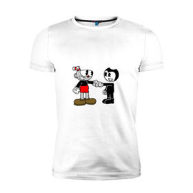 Мужская футболка премиум с принтом Cuphead/Bendy в городе Новоалтайск, 92% хлопок, 8% лайкра | приталенный силуэт, круглый вырез ворота, длина до линии бедра, короткий рукав | бенди | бэнди | капхед | капхэд
