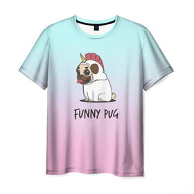 Мужская футболка 3D с принтом Funny PUG в городе Новоалтайск, 100% полиэфир | прямой крой, круглый вырез горловины, длина до линии бедер | animals | dog | dogs | gradient | illustration | inscription | lettering | pug | puppy | unicorn | градиент | единорог | животные | иллюстрация | леттеринг | мопс | надпись | песик | собаки | щенок