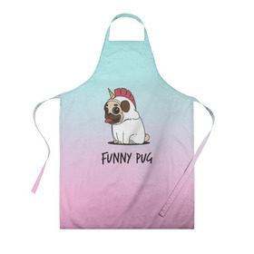 Фартук 3D с принтом Funny PUG в городе Новоалтайск, 100% полиэстер | общий размер — 65 х 85 см, ширина нагрудника — 26 см, горловина — 53 см, длина завязок — 54 см, общий обхват в поясе — 173 см. Принт на завязках и на горловине наносится с двух сторон, на основной части фартука — только с внешней стороны | animals | dog | dogs | gradient | illustration | inscription | lettering | pug | puppy | unicorn | градиент | единорог | животные | иллюстрация | леттеринг | мопс | надпись | песик | собаки | щенок