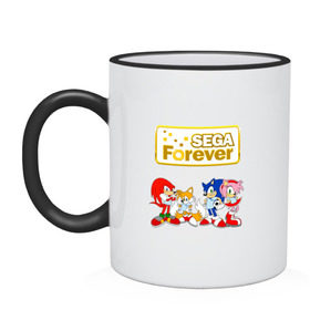 Кружка двухцветная с принтом Sega Forever в городе Новоалтайск, керамика | объем — 330 мл, диаметр — 80 мм. Цветная ручка и кайма сверху, в некоторых цветах — вся внутренняя часть | Тематика изображения на принте: knuckles | sonic | tails | наклз | сега | соник | тейлз