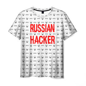 Мужская футболка 3D с принтом Russian Hacker в городе Новоалтайск, 100% полиэфир | прямой крой, круглый вырез горловины, длина до линии бедер | Тематика изображения на принте: cracker | hacker | keyboard | russian | skull | взломщик | клавиатура | крекер | русский | хакер | череп