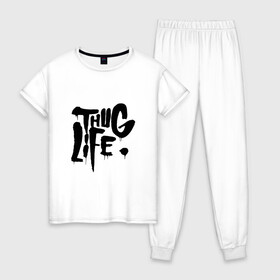 Женская пижама хлопок с принтом Thug life в городе Новоалтайск, 100% хлопок | брюки и футболка прямого кроя, без карманов, на брюках мягкая резинка на поясе и по низу штанин | 2pac | 2pak | 2пак | makaveli | shakur | thug life | tupac | амару | ганста | гето | гетто | жизнь головореза | крутой | надпись | реп | репер | рэп | рэпер | тупак | хип хоп | хипхоп | шакур
