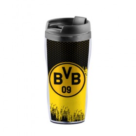 Термокружка-непроливайка с принтом FC Borussia Uniform в городе Новоалтайск, внутренняя часть — пищевой пластик, наружная часть — прозрачный пластик, между ними — полиграфическая вставка с рисунком | объем — 350 мл, герметичная крышка | Тематика изображения на принте: 