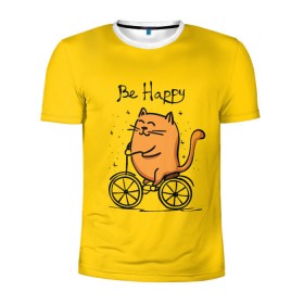 Мужская футболка 3D спортивная с принтом Be Happy,cat в городе Новоалтайск, 100% полиэстер с улучшенными характеристиками | приталенный силуэт, круглая горловина, широкие плечи, сужается к линии бедра | Тематика изображения на принте: cat | домашние любимцы | животные | котики | котэ | котята | любовь | милые