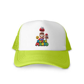 Кепка тракер с сеткой с принтом Super Mario в городе Новоалтайск, трикотажное полотно; задняя часть — сетка | длинный козырек, универсальный размер, пластиковая застежка | nintendo | марио | нинтендо