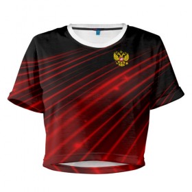 Женская футболка 3D укороченная с принтом Russia Sport 2018 uniform в городе Новоалтайск, 100% полиэстер | круглая горловина, длина футболки до линии талии, рукава с отворотами | Тематика изображения на принте: abstraction | grunge | russia | sport | абстракция | герб | краска | русский | символика рф | спорт | спортивный | триколор | униформа | форма | я русский