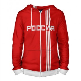 Мужская толстовка 3D на молнии с принтом Россия- форма сборной Ж в городе Новоалтайск, 100% полиэстер | длина до линии бедра, манжеты и пояс оформлены мягкой тканевой резинкой, двухслойный капюшон со шнурком для регулировки, спереди молния, по бокам два кармана | россия | русь | форма спортивная