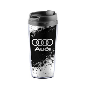 Термокружка-непроливайка с принтом Audi abstract sport в городе Новоалтайск, внутренняя часть — пищевой пластик, наружная часть — прозрачный пластик, между ними — полиграфическая вставка с рисунком | объем — 350 мл, герметичная крышка | ауди | кольца | лого | машина