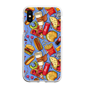 Чехол для iPhone XS Max матовый с принтом Fastfood в городе Новоалтайск, Силикон | Область печати: задняя сторона чехла, без боковых панелей | chicken | coffee | cola | drink | dunts | eat | fastfood | frenchfires | hotdog | lollypop | pizza | sweets | бургер | еда | кола | кофе | лимонад | напитки | пицца | пончик | фастфуд | хотдог