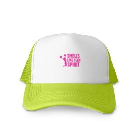 Кепка тракер с сеткой с принтом Smells like teen spirit в городе Новоалтайск, трикотажное полотно; задняя часть — сетка | длинный козырек, универсальный размер, пластиковая застежка | cobain | kurt | nevermino | nirvana | альтернативный | гранж | грол | группа | дональд | кобейн | курт | музыка | надпись | нервана | нирвана | новоселич | певец | рок | смайл | смайлик | солист