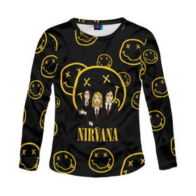 Женский лонгслив 3D с принтом Nirvana в городе Новоалтайск, 100% полиэстер | длинные рукава, круглый вырез горловины, полуприлегающий силуэт | cobain | kurt | nevermino | nirvana | альтернативный | гранж | грол | группа | дональд | кобейн | курт | музыка | надпись | нервана | нирвана | новоселич | певец | рок | смайл | смайлик | солист