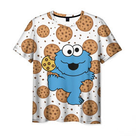 Мужская футболка 3D с принтом Cookie monster в городе Новоалтайск, 100% полиэфир | прямой крой, круглый вырез горловины, длина до линии бедер | Тематика изображения на принте: cookie | cookiemonster | delicious | eat | monster | yummy | еда | куки | кукимонстр | монстр | печенье | сладости | улица | улицасезам