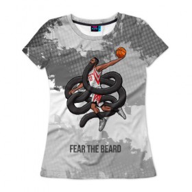 Женская футболка 3D с принтом Fear the Beard в городе Новоалтайск, 100% полиэфир ( синтетическое хлопкоподобное полотно) | прямой крой, круглый вырез горловины, длина до линии бедер | hurden | nba | rockets | баскетбол | нба | харден | хьюстон рокетс