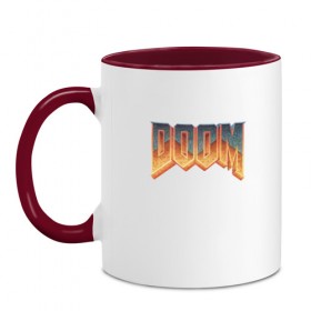 Кружка двухцветная с принтом DOOM в городе Новоалтайск, керамика | объем — 330 мл, диаметр — 80 мм. Цветная ручка и кайма сверху, в некоторых цветах — вся внутренняя часть | Тематика изображения на принте: doom | дум | игра doom | игра дум