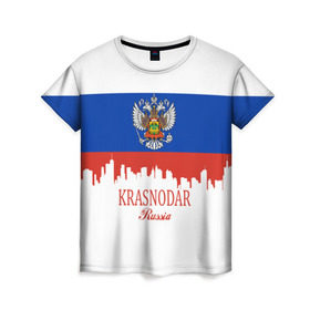 Женская футболка 3D с принтом KRASNODAR (Краснодарский край) в городе Новоалтайск, 100% полиэфир ( синтетическое хлопкоподобное полотно) | прямой крой, круглый вырез горловины, длина до линии бедер | 123 | 23 | 93 | krasnodar | ru | rus | герб | знак | край | краснодарский | надпись | патриот | полосы | российская | российский | россия | русская | русский | рф | символ | страна | флаг | флага | цвета