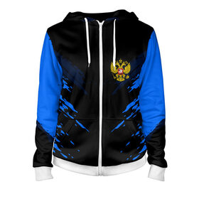 Женская толстовка 3D на молнии с принтом Russia-sport collection BLUE в городе Новоалтайск, 100% полиэстер | длина до линии бедра, манжеты и пояс оформлены мягкой тканевой резинкой, двухслойный капюшон со шнурком для регулировки, спереди молния, по бокам два кармана | abstraction | grunge | russia | sport | абстракция | герб | краска | русский | символика рф | спорт | спортивный | триколор | униформа | форма | я русский