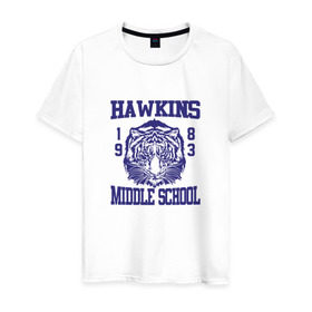 Мужская футболка хлопок с принтом Hawkins middle school в городе Новоалтайск, 100% хлопок | прямой крой, круглый вырез горловины, длина до линии бедер, слегка спущенное плечо. | hawkins | stranger things | очень странные дела | хоукинс