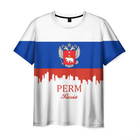 Мужская футболка 3D с принтом Perm (Пермь) в городе Новоалтайск, 100% полиэфир | прямой крой, круглый вырез горловины, длина до линии бедер | Тематика изображения на принте: 159 | 59 | perm | ru | rus | герб | знак | край | надпись | патриот | пермский | пермяцкий | полосы | российская | российский | россия | русская | русский | рф | символ | страна | флаг | флага | цвета