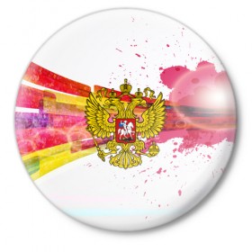 Значок с принтом RUSSIA COLORS в городе Новоалтайск,  металл | круглая форма, металлическая застежка в виде булавки | abstraction | grunge | russia | sport | абстракция | герб | краска | русский | символика рф | спорт | спортивный | триколор | униформа | форма | я русский