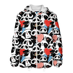 Мужская куртка 3D с принтом Funny Panda в городе Новоалтайск, ткань верха — 100% полиэстер, подклад — флис | прямой крой, подол и капюшон оформлены резинкой с фиксаторами, два кармана без застежек по бокам, один большой потайной карман на груди. Карман на груди застегивается на липучку | Тематика изображения на принте: bear | heart | positive | медведь | мишка | орнамент | панда | подарок | позитив | сердечки | сердце | сюрприз | узор