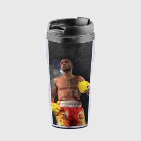Термокружка-непроливайка с принтом Vasyl Lomachenko_2 в городе Новоалтайск, внутренняя часть — пищевой пластик, наружная часть — прозрачный пластик, между ними — полиграфическая вставка с рисунком | объем — 350 мл, герметичная крышка | boxing | lomachenko | бокс | боксеры | василий ломаченко | чемпион