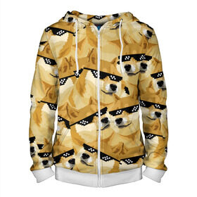 Мужская толстовка 3D на молнии с принтом Doge мем в deal with it очках в городе Новоалтайск, 100% полиэстер | длина до линии бедра, манжеты и пояс оформлены мягкой тканевой резинкой, двухслойный капюшон со шнурком для регулировки, спереди молния, по бокам два кармана | deal with it очки | doge | meme | мем | мемы | сиба ину | сиба ину мем