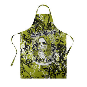 Фартук 3D с принтом Santa Muerte в городе Новоалтайск, 100% полиэстер | общий размер — 65 х 85 см, ширина нагрудника — 26 см, горловина — 53 см, длина завязок — 54 см, общий обхват в поясе — 173 см. Принт на завязках и на горловине наносится с двух сторон, на основной части фартука — только с внешней стороны | ангел | демон | дьявол | кости | монстр | призрак | святая | традиция | череп | яркие