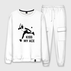 Мужской костюм хлопок с принтом Kiss My Ace в городе Новоалтайск, 100% хлопок | на свитшоте круглая горловина, мягкая резинка по низу. Брюки заужены к низу, на них два вида карманов: два “обычных” по бокам и два объемных, с клапанами, расположенные ниже линии бедра. Брюки с мягкой трикотажной резинкой на поясе и по низу штанин. В поясе для дополнительного комфорта — широкие завязки | теннис