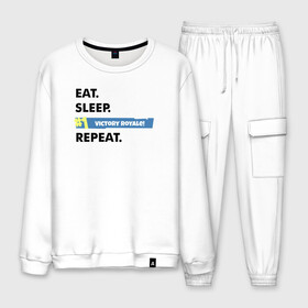 Мужской костюм хлопок с принтом Eat Sleep в городе Новоалтайск, 100% хлопок | на свитшоте круглая горловина, мягкая резинка по низу. Брюки заужены к низу, на них два вида карманов: два “обычных” по бокам и два объемных, с клапанами, расположенные ниже линии бедра. Брюки с мягкой трикотажной резинкой на поясе и по низу штанин. В поясе для дополнительного комфорта — широкие завязки | battle royale | fortnite | lama | батл рояль | лама | фортнайт