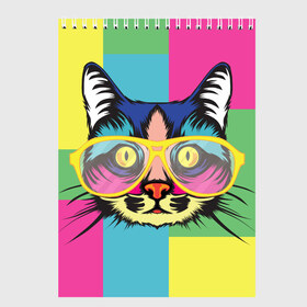 Скетчбук с принтом Яркий Кот в городе Новоалтайск, 100% бумага
 | 48 листов, плотность листов — 100 г/м2, плотность картонной обложки — 250 г/м2. Листы скреплены сверху удобной пружинной спиралью | Тематика изображения на принте: кот в очках | очки | радуга