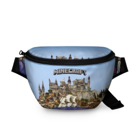 Поясная сумка 3D с принтом Корабль и замок в манкрафт. в городе Новоалтайск, 100% полиэстер | плотная ткань, ремень с регулируемой длиной, внутри несколько карманов для мелочей, основное отделение и карман с обратной стороны сумки застегиваются на молнию | minekraft | замок | корабль | майнкрафт | море | парусаminecraft