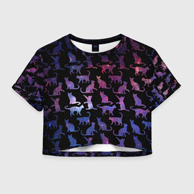 Женская футболка 3D укороченная с принтом Космические Коты в городе Новоалтайск, 100% полиэстер | круглая горловина, длина футболки до линии талии, рукава с отворотами | звезды | космос | кот | котик | паттерн