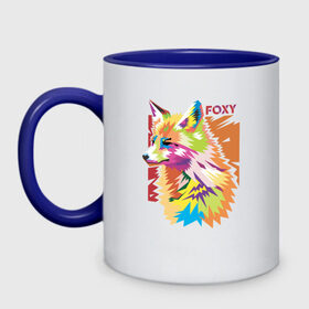 Кружка двухцветная с принтом Foxy в городе Новоалтайск, керамика | объем — 330 мл, диаметр — 80 мм. Цветная ручка и кайма сверху, в некоторых цветах — вся внутренняя часть | fox | волк | воротник | животное | заяц | зверь | колобок | лис | лиса | лисица | мех | обман | оранжевый | охота | патрикеевна | плутовка | рыжая | хвост | хитрая | хитрость | хищник