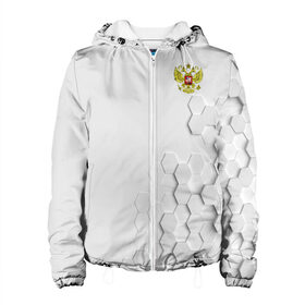 Женская куртка 3D с принтом RUSSIA SPORT FORM WHITE 2018 в городе Новоалтайск, ткань верха — 100% полиэстер, подклад — флис | прямой крой, подол и капюшон оформлены резинкой с фиксаторами, два кармана без застежек по бокам, один большой потайной карман на груди. Карман на груди застегивается на липучку | geometrical figure | geometry | russia | texture | white | геометрические фигуры | геометрия | герб | патриотизм | россия | русский | соты | текстура | узор