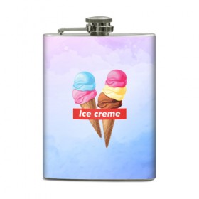 Фляга с принтом Ice Creme в городе Новоалтайск, металлический корпус | емкость 0,22 л, размер 125 х 94 мм. Виниловая наклейка запечатывается полностью | Тематика изображения на принте: ice cream | supreme | игра слов | лето | мороженое | рожок | тренд