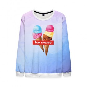 Мужской свитшот 3D с принтом Ice Creme в городе Новоалтайск, 100% полиэстер с мягким внутренним слоем | круглый вырез горловины, мягкая резинка на манжетах и поясе, свободная посадка по фигуре | Тематика изображения на принте: ice cream | supreme | игра слов | лето | мороженое | рожок | тренд