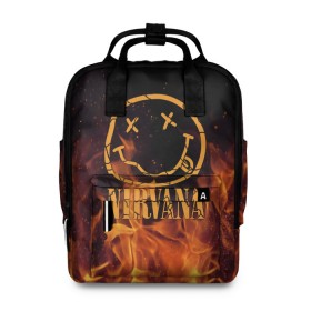 Женский рюкзак 3D с принтом Nirvana в городе Новоалтайск, 100% полиэстер | лямки с регулируемой длиной, сверху ручки, чтобы рюкзак нести как сумку. Основное отделение закрывается на молнию, как и внешний карман. Внутри два дополнительных кармана, один из которых закрывается на молнию. По бокам два дополнительных кармашка, куда поместится маленькая бутылочка
 | cobain | kurt | nevermino | nirvana | альтернативный | гранж | грол | группа | дональд | кобейн | курт | музыка | надпись | нервана | нирвана | новоселич | певец | рок | смайл | смайлик | солист
