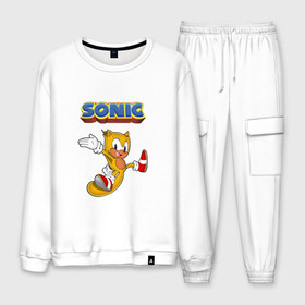 Мужской костюм хлопок с принтом Sonic в городе Новоалтайск, 100% хлопок | на свитшоте круглая горловина, мягкая резинка по низу. Брюки заужены к низу, на них два вида карманов: два “обычных” по бокам и два объемных, с клапанами, расположенные ниже линии бедра. Брюки с мягкой трикотажной резинкой на поясе и по низу штанин. В поясе для дополнительного комфорта — широкие завязки | hedgehog | knuckles | sega | sonic | super | tails | ёжик | ехидна | лисенок | лисица | наклз | сега | соник | супер | суперёжик | тэилз | тэилс