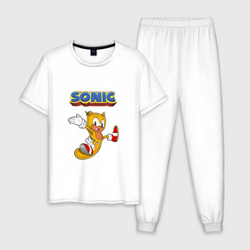 Мужская пижама хлопок с принтом Sonic в городе Новоалтайск, 100% хлопок | брюки и футболка прямого кроя, без карманов, на брюках мягкая резинка на поясе и по низу штанин
 | hedgehog | knuckles | sega | sonic | super | tails | ёжик | ехидна | лисенок | лисица | наклз | сега | соник | супер | суперёжик | тэилз | тэилс