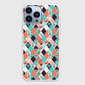 Чехол для iPhone 13 Pro Max с принтом Фламинго в городе Новоалтайск,  |  | Тематика изображения на принте: пальмы | птица | разноцветная | розовый | розовый фламинго | ромбики | тропики | фламинго | цветная
