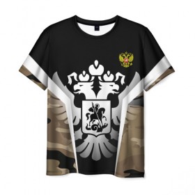 Мужская футболка 3D с принтом RUSSIA - CAMOUFLAGE в городе Новоалтайск, 100% полиэфир | прямой крой, круглый вырез горловины, длина до линии бедер | 3d | black | герб | двуглавый орел | камуфляж | логотип | патриот | полоски | россия | русский | силуэт | черный
