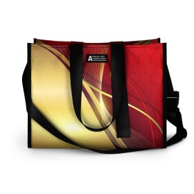 Сумка-шоппер 3D с принтом RUSSIA SPORT: Red and Gold. в городе Новоалтайск, 100% полиэстер | застегивается на металлическую кнопку; внутренний карман застегивается на молнию. Стенки укреплены специальным мягким материалом, чтобы защитить содержимое от несильных ударов
 | abstract | design | geometry | hexagon | red and black | russia | sport | texture | абстракция | геометрия | герб | дизайн | патриот | патриотизм | россия | русский | соты | спорт | текстура | шестиугольники