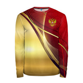 Мужской лонгслив 3D с принтом RUSSIA SPORT: Red and Gold в городе Новоалтайск, 100% полиэстер | длинные рукава, круглый вырез горловины, полуприлегающий силуэт | abstract | design | geometry | hexagon | red and black | russia | sport | texture | абстракция | геометрия | герб | дизайн | патриот | патриотизм | россия | русский | соты | спорт | текстура | шестиугольники