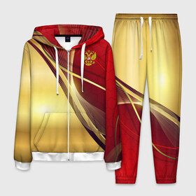 Мужской костюм 3D с принтом RUSSIA SPORT Red and Gold в городе Новоалтайск, 100% полиэстер | Манжеты и пояс оформлены тканевой резинкой, двухслойный капюшон со шнурком для регулировки, карманы спереди | abstract | design | geometry | hexagon | red and black | russia | sport | texture | абстракция | геометрия | герб | дизайн | патриот | патриотизм | россия | русский | соты | спорт | текстура | шестиугольники
