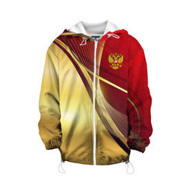 Детская куртка 3D с принтом RUSSIA SPORT: Red and Gold в городе Новоалтайск, 100% полиэстер | застежка — молния, подол и капюшон оформлены резинкой с фиксаторами, по бокам — два кармана без застежек, один потайной карман на груди, плотность верхнего слоя — 90 г/м2; плотность флисового подклада — 260 г/м2 | abstract | design | geometry | hexagon | red and black | russia | sport | texture | абстракция | геометрия | герб | дизайн | патриот | патриотизм | россия | русский | соты | спорт | текстура | шестиугольники