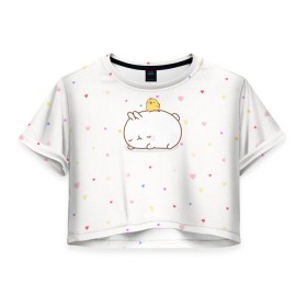 Женская футболка 3D укороченная Molang Птенчик: в городе Новоалтайск, 100% полиэстер | круглая горловина, длина футболки до линии талии, рукава с отворотами | kawaii | аниме | зайчик | зая | заяц | каваи | мимими | моланг | птенец | птенчик | розовый