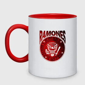 Кружка двухцветная с принтом Ramones в городе Новоалтайск, керамика | объем — 330 мл, диаметр — 80 мм. Цветная ручка и кайма сверху, в некоторых цветах — вся внутренняя часть | ramone | ramones | группа | джонни | джоуи | ди ди томми | марки | панк | поп | раманес | раманэс | рамон | рамонес | рамонэс | рамоун | рамоунз | рамоунс | рок | хард | хардрок