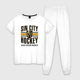 Женская пижама хлопок с принтом Sin City Hockey в городе Новоалтайск, 100% хлопок | брюки и футболка прямого кроя, без карманов, на брюках мягкая резинка на поясе и по низу штанин | nhl | stanley cup | vegas golden knights | vegas knights | вегас голден найтс | вегас найтс | кубок стенли | кубок стэнли | нхл | хоккей | хоккейный клуб
