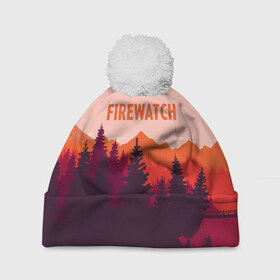 Шапка 3D c помпоном с принтом FIREWATCH в городе Новоалтайск, 100% полиэстер | универсальный размер, печать по всей поверхности изделия | Тематика изображения на принте: art | campo santo | firewatch | game | горы | закат | игра | лес | пейзаж | пожарный дозор | солнце | холмы